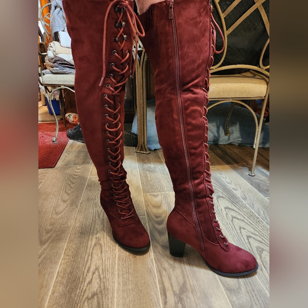 Burgundy over the knee boots
